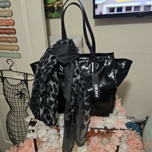 DKNY Glossy Black Tote with Leopard Scarf
